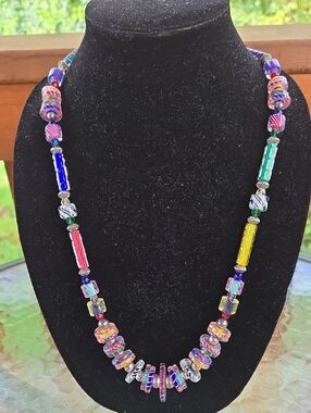 Vintage Lampwork Furnace Art Glass Necklace Multicolor Beads Sterling Clasp